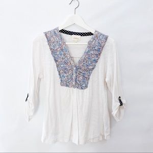 Anthropologie White Top with blue floral design